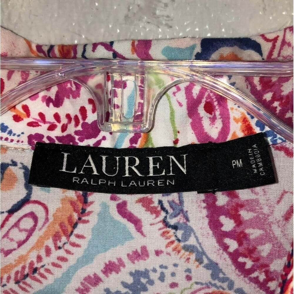 Lauren Ralph Lauren Petite Medium Paisley Pink Button Up Roll Tab Top Shirt PM - Picture 5 of 9
